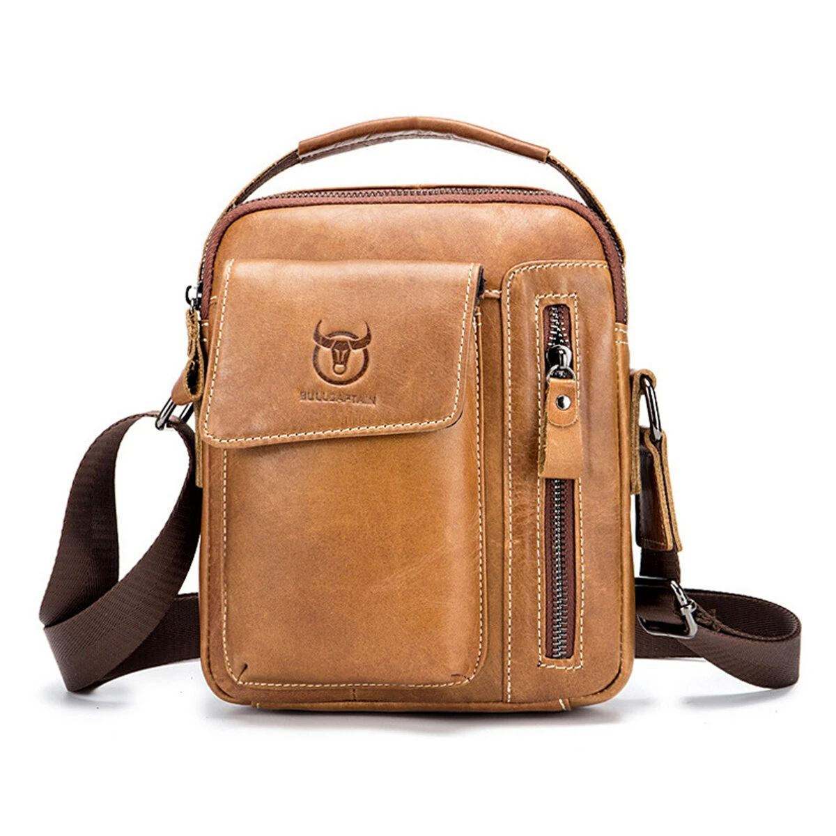 (image for) BULLCAPTAIN Genuine Leather Business Messenger Bag Retro Mini Vintage Shoulder Bag Crossbody Bag for Men Multi-functional Leather Mobile Phone Bags
